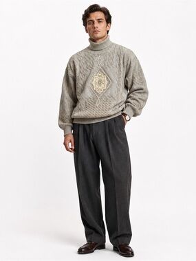 Vintage Umberto Bilancioni Lambswool Cable Knit Turtleneck Sweater Italy Men XL